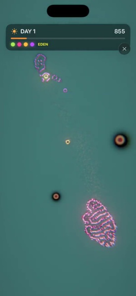 Ondari on iPhone — a Genesis run at Day 1, glowing colonies scattered across a teal field.